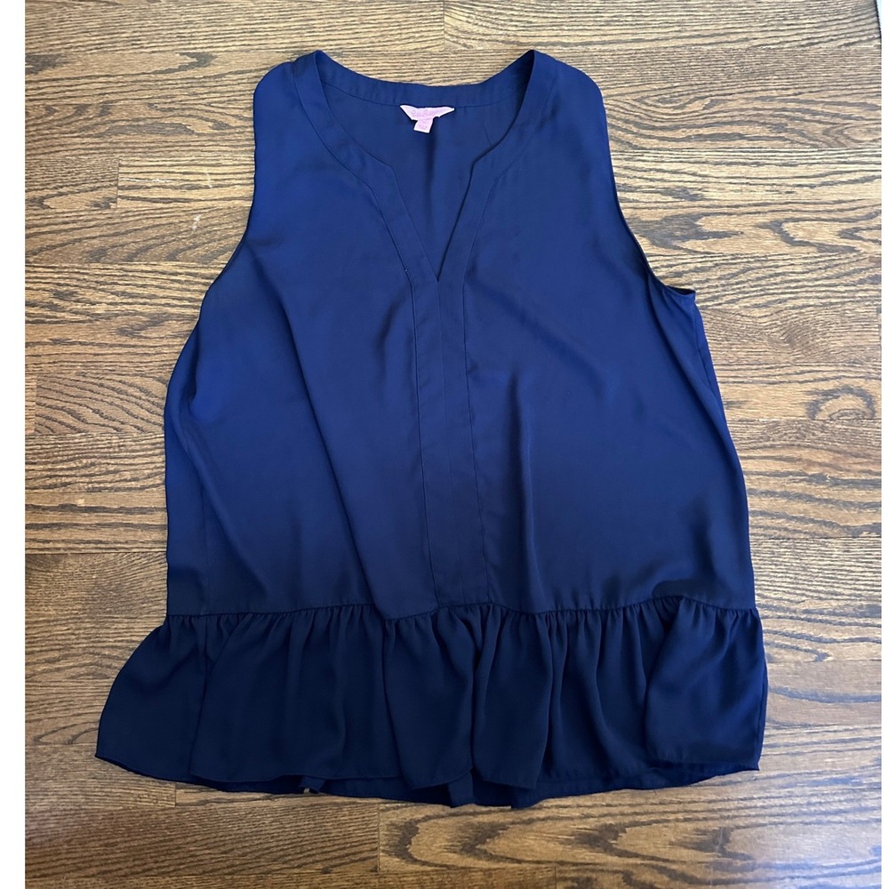 Lilly Pulitzer Peplum Blouse Women XL Navy Blue Ruffle Hem V-Neck Sleeveless Top